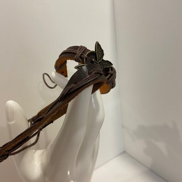 Boho Leather & Cord Butterfly Charm 2 set Bracelets genuine leather brown nature - Picture 11 of 13